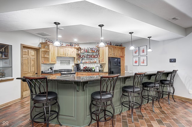 4181 Whitetail Woods Dr, Bargersville, IN 46106 - kitchen featuring open shelves, freestanding refrigerator, baseboards, stainless steel electric stove, and recessed lighting