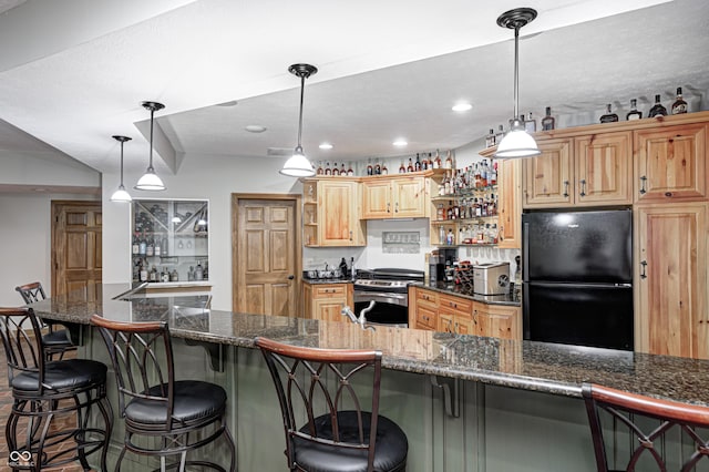 4181 Whitetail Woods Dr, Bargersville, IN 46106 - kitchen with freestanding refrigerator, stainless steel range oven, open shelves, a breakfast bar, and recessed lighting