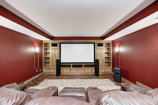 4181 Whitetail Woods Dr, Bargersville, IN 46106 - home theater with baseboards, built in features, and brick floors