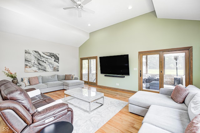 4181 Whitetail Woods Dr, Bargersville, IN 46106 - living area featuring a ceiling fan, light wood-type flooring, high vaulted ceiling, baseboards, and recessed lighting