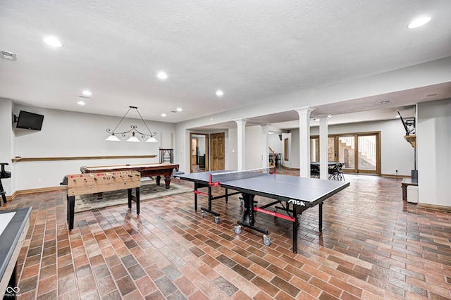 4181 Whitetail Woods Dr, Bargersville, IN 46106 - recreation room with billiards table, baseboards, ornate columns, recessed lighting, and a textured ceiling