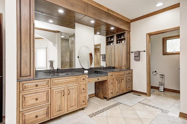 4181 Whitetail Woods Dr, Bargersville, IN 46106 - bathroom featuring double vanity, baseboards, recessed lighting, tile patterned flooring, and inlaid floor details