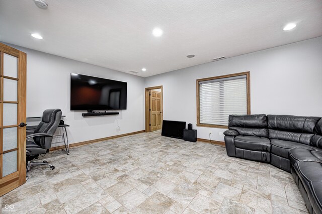 4181 Whitetail Woods Dr, Bargersville, IN 46106 - living room with light stone finish flooring, baseboards, recessed lighting, and a desk