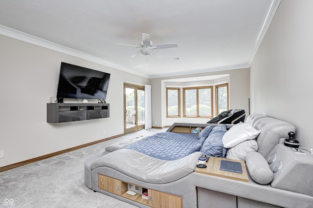 4181 Whitetail Woods Dr, Bargersville, IN 46106 - bedroom featuring carpet floors, ornamental molding, baseboards, access to outside, and ceiling fan