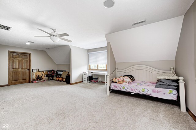 4181 Whitetail Woods Dr, Bargersville, IN 46106 - carpeted bedroom featuring lofted ceiling, baseboards, and ceiling fan