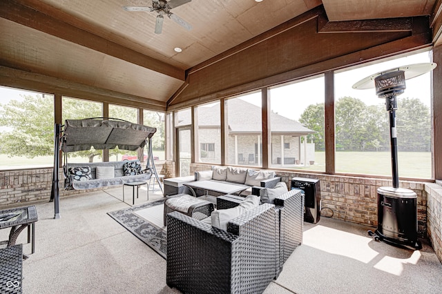 4181 Whitetail Woods Dr, Bargersville, IN 46106 - sunroom with an outdoor living space, a wood stove, a ceiling fan, and vaulted ceiling