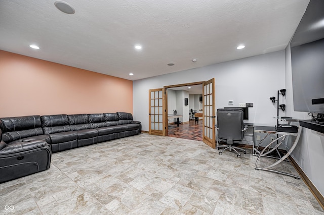 4181 Whitetail Woods Dr, Bargersville, IN 46106 - living area featuring french doors, recessed lighting, a desk, stone finish floors, and baseboards