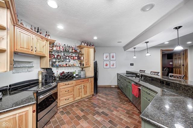 4181 Whitetail Woods Dr, Bargersville, IN 46106 - kitchen featuring stainless steel appliances, open shelves, a sink, baseboards, and light brown cabinetry