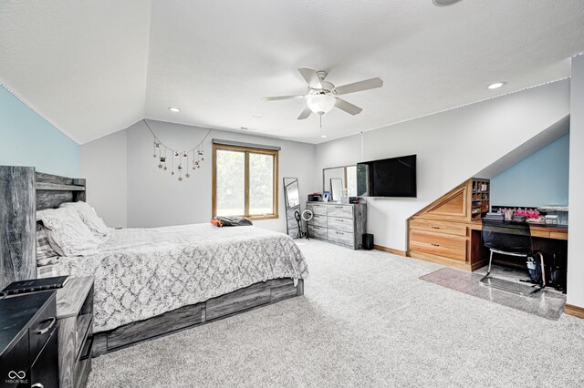 4181 Whitetail Woods Dr, Bargersville, IN 46106 - bedroom featuring baseboards, carpet flooring, recessed lighting, vaulted ceiling, and ceiling fan