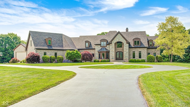 4181 Whitetail Woods Dr, Bargersville, IN 46106 - french country inspired facade with stone siding, a chimney, a front yard, and curved driveway