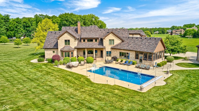 4181 Whitetail Woods Dr, Bargersville, IN 46106 - swimming pool with a sunroom, a patio area, and a yard