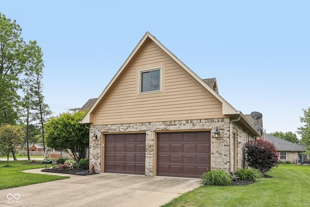 6983 White Oak Dr, Avon, IN 46123 - view of side of home with a lawn, brick siding, an attached garage, and driveway