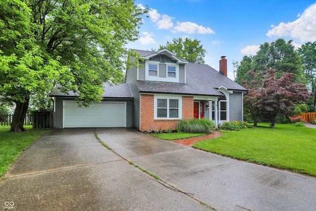 7430 Railway Ct, Indianapolis, IN 46256 - view of front of house with a chimney, an attached garage, concrete driveway, a shingled roof, and brick siding