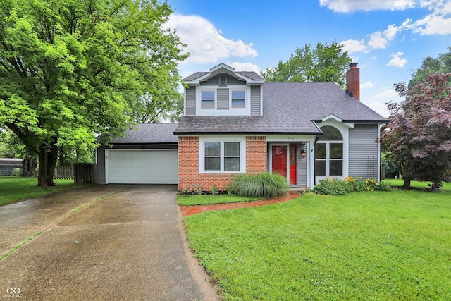 7430 Railway Ct, Indianapolis, IN 46256 - traditional home with driveway, a shingled roof, an attached garage, a chimney, and brick siding