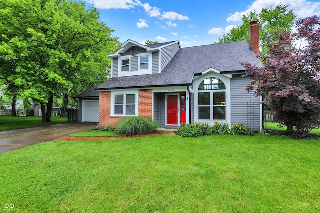 7430 Railway Ct, Indianapolis, IN 46256 - traditional-style house featuring roof with shingles, driveway, a front yard, and a chimney