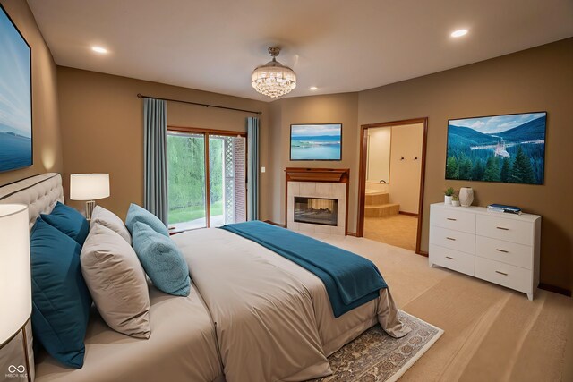 1188 Old Eagle Way, Greenwood, IN 46143 - bedroom featuring access to outside, recessed lighting, light colored carpet, a fireplace, and ensuite bath