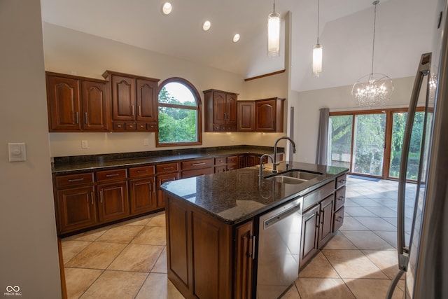 1188 Old Eagle Way, Greenwood, IN 46143 - kitchen with dishwasher, a sink, an island with sink, dark stone counters, and high vaulted ceiling