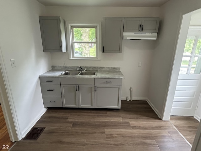 330 S Butler Ave, Indianapolis, IN 46219 - kitchen with under cabinet range hood, gray cabinetry, light countertops, and dark wood finished floors