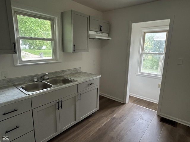 330 S Butler Ave, Indianapolis, IN 46219 - kitchen featuring under cabinet range hood, dark wood-type flooring, healthy amount of natural light, and light countertops