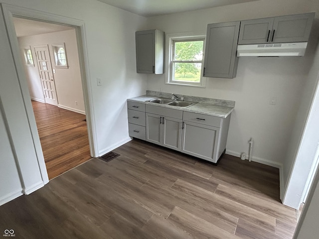 330 S Butler Ave, Indianapolis, IN 46219 - kitchen with under cabinet range hood, gray cabinetry, light countertops, and dark wood-style flooring