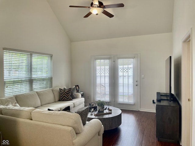 9664 Legare St Unit 2601, Fishers, IN 46038 - living area featuring high vaulted ceiling, ceiling fan, and dark wood-style flooring