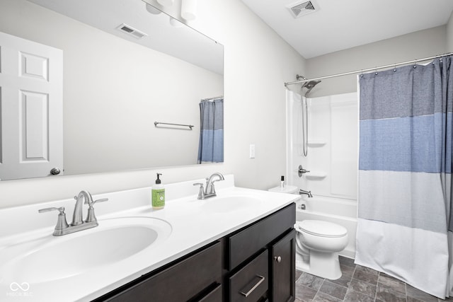 6305 N Woodhaven Dr, Mccordsville, IN 46055 - full bathroom with double vanity, shower / bath combo, and toilet