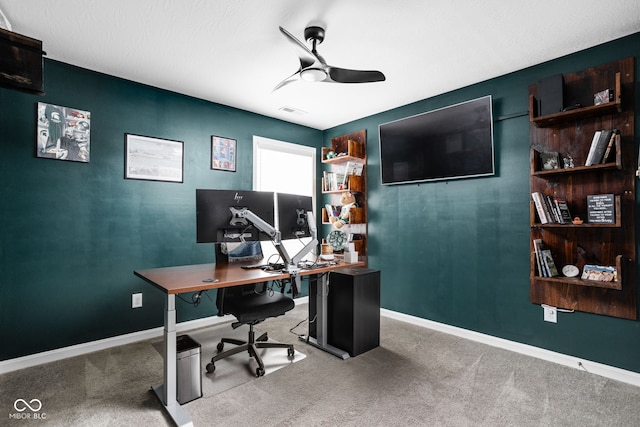 6305 N Woodhaven Dr, Mccordsville, IN 46055 - home office featuring carpet flooring, a ceiling fan, and baseboards
