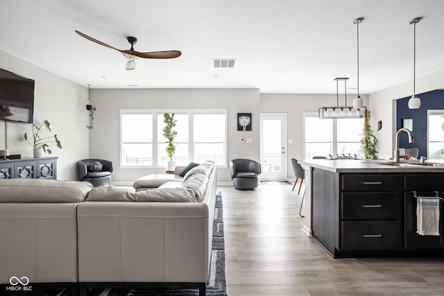 6305 N Woodhaven Dr, Mccordsville, IN 46055 - living room featuring ceiling fan and light wood-style floors
