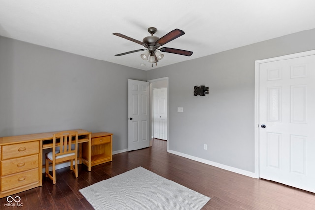 603 Daviess Dr, Westfield, IN 46074 - office area featuring ceiling fan, dark wood-style floors, and baseboards