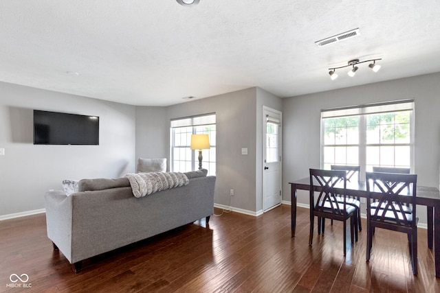 603 Daviess Dr, Westfield, IN 46074 - living area with baseboards, dark wood-style flooring, healthy amount of natural light, and a textured ceiling