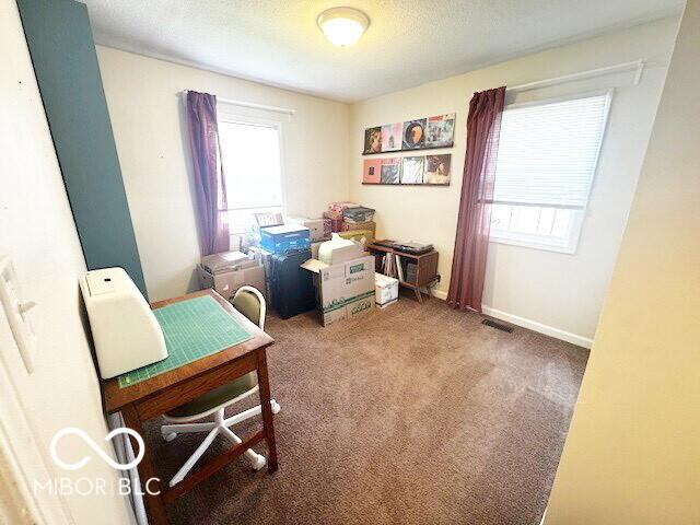 1820 Martin St, Indianapolis, IN 46237 - carpeted home office featuring baseboards and a textured ceiling