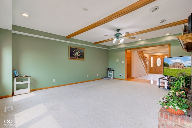 8371 N 400 W, Fairland, IN 46126 - unfurnished living room featuring carpet flooring, baseboards, ceiling fan, recessed lighting, and beamed ceiling