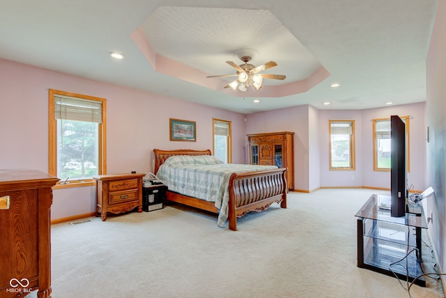 8371 N 400 W, Fairland, IN 46126 - carpeted bedroom with baseboards, recessed lighting, a tray ceiling, and a ceiling fan