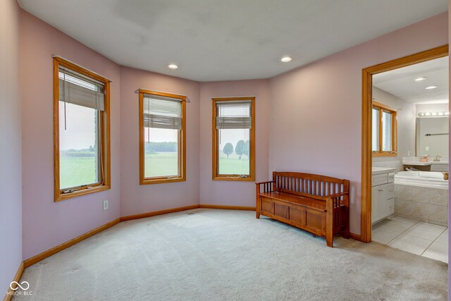 8371 N 400 W, Fairland, IN 46126 - unfurnished bedroom featuring light colored carpet, recessed lighting, baseboards, and connected bathroom