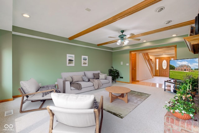 8371 N 400 W, Fairland, IN 46126 - carpeted living room featuring ceiling fan, recessed lighting, beam ceiling, and baseboards