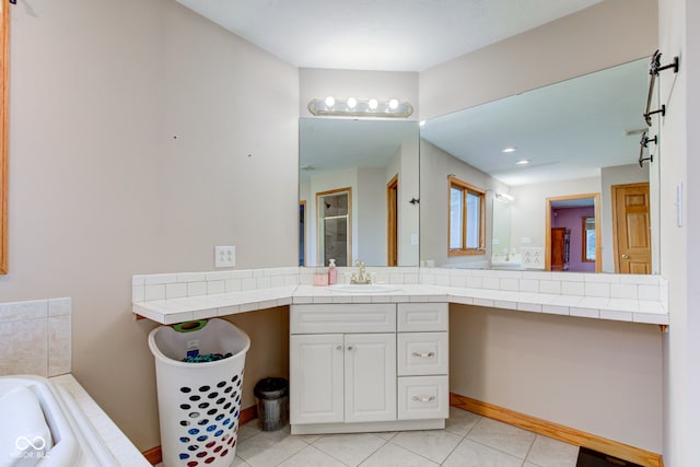 8371 N 400 W, Fairland, IN 46126 - bathroom with vanity, tile patterned floors, a tub, recessed lighting, and a shower