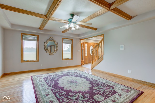 8371 N 400 W, Fairland, IN 46126 - unfurnished room featuring coffered ceiling, light wood-style floors, ceiling fan, beam ceiling, and baseboards