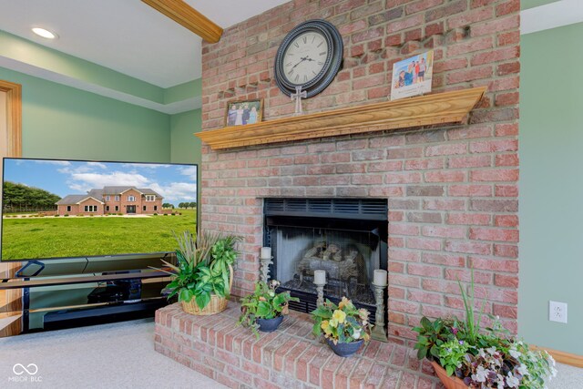 8371 N 400 W, Fairland, IN 46126 - detailed view of carpet, a fireplace, and beamed ceiling