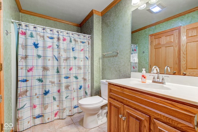8371 N 400 W, Fairland, IN 46126 - full bath featuring vanity, toilet, ornamental molding, tile patterned flooring, and wallpapered walls