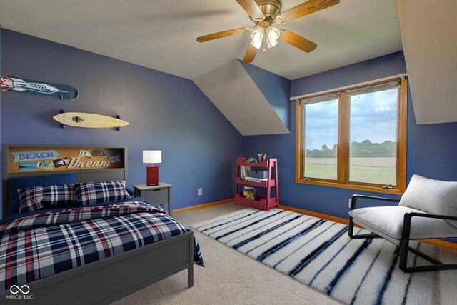 8371 N 400 W, Fairland, IN 46126 - carpeted bedroom featuring vaulted ceiling, baseboards, and ceiling fan