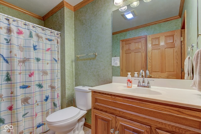 8371 N 400 W, Fairland, IN 46126 - bathroom with wallpapered walls, vanity, toilet, crown molding, and a shower with shower curtain