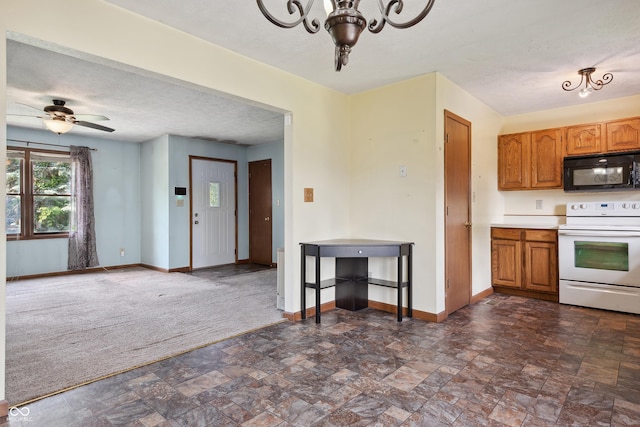 5380 Collett Dr E, Camby, IN 46113 - kitchen with black microwave, white range with electric stovetop, stone finish floors, baseboards, and a chandelier