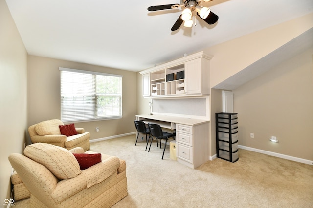 2805 Rylee Ct, Greenwood, IN 46143 - office featuring built in study area, light carpet, a ceiling fan, and baseboards