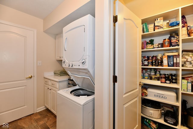 2805 Rylee Ct, Greenwood, IN 46143 - laundry area featuring stacked washer and clothes dryer and cabinet space