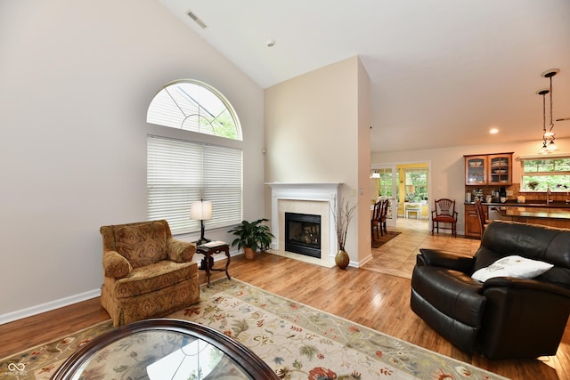 2805 Rylee Ct, Greenwood, IN 46143 - living room featuring light wood-style flooring, a premium fireplace, baseboards, and high vaulted ceiling