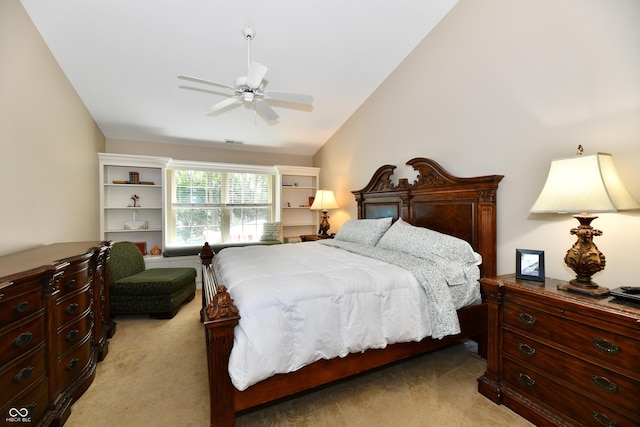 2805 Rylee Ct, Greenwood, IN 46143 - bedroom featuring light colored carpet, lofted ceiling, and a ceiling fan