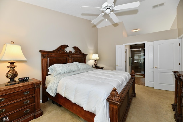 2805 Rylee Ct, Greenwood, IN 46143 - bedroom featuring light colored carpet, vaulted ceiling, a ceiling fan, and ensuite bathroom