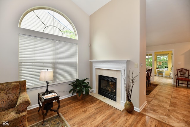 2805 Rylee Ct, Greenwood, IN 46143 - living area featuring a fireplace, high vaulted ceiling, wood finished floors, and baseboards