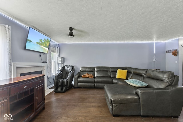 9125 Timpani Way, Indianapolis, IN 46231 - living area with a textured ceiling, dark wood-style flooring, and a fireplace