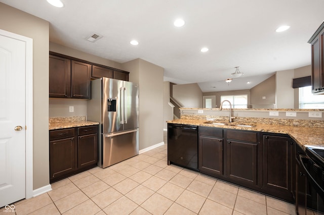 1412 Huntzinger Blvd, Pendleton, IN 46064 - kitchen featuring stainless steel fridge with ice dispenser, black dishwasher, a sink, range, and dark brown cabinetry